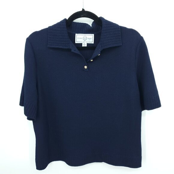 St. John Sport Santana Knit Short Sleeve Embroidered Polo M Navy/Gold Buttons - Picture 1 of 16